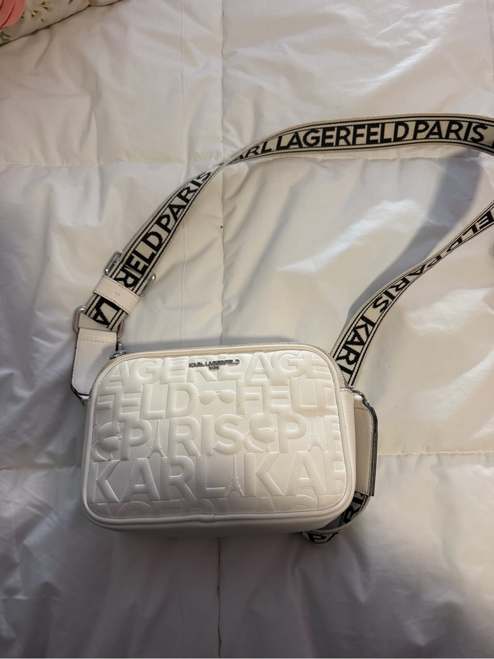 Karl Lagerfeld White Embossed Logo Crossbody with Branded Strap